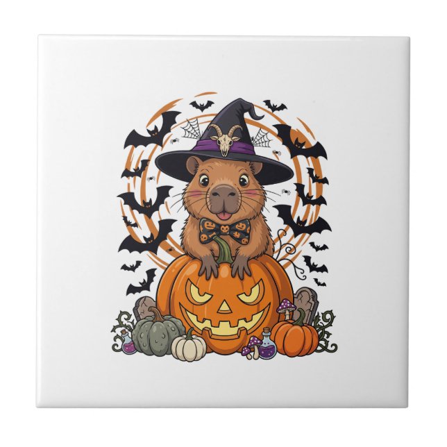Halloween Capybara Witch Hat Pumpkin Bats Potions Ceramic Tile (Front)