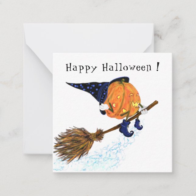 Halloween Card Witch Pumpkin Flying Broom (Front)