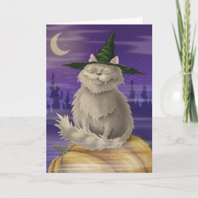 Halloween card with big smug witches cat (Front)