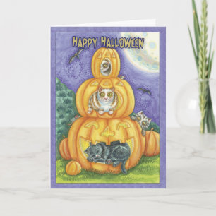 halloween card with cats in pumpkins