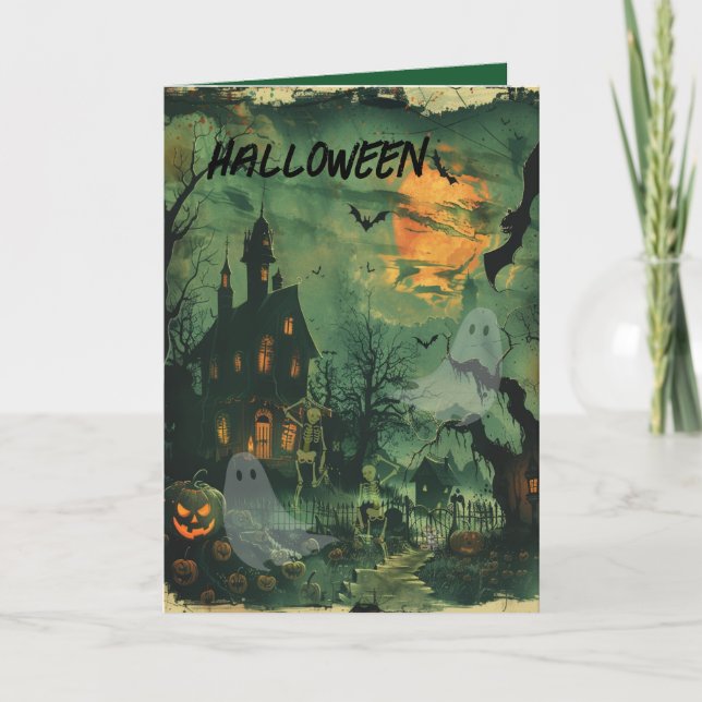 Halloween Card with Spooky House & Scene (Front)