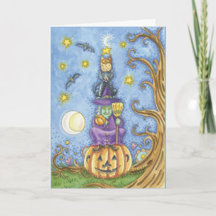 Halloween card with totem Witch, cat and owl sitti