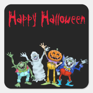 Halloween cartoon creatures waving, stickers. square sticker