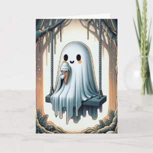 Halloween Cartoon Ghost Eating An Ice Cream Cone Card