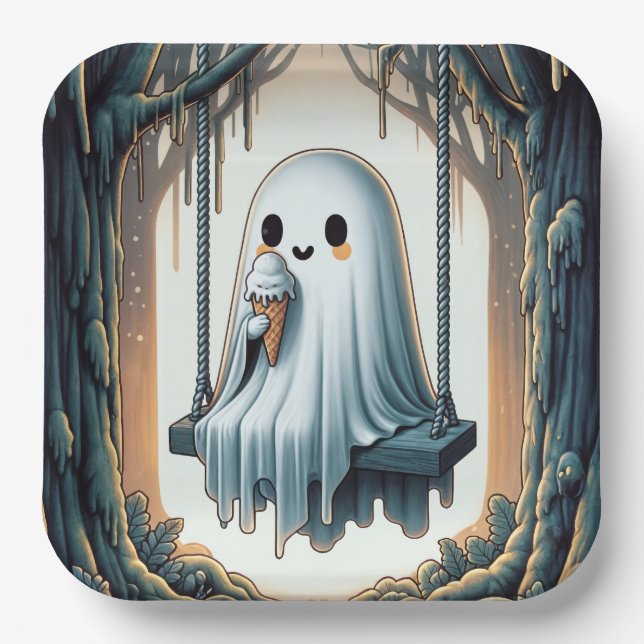 Halloween Cartoon Ghost With Ice Cream Cone Paper Plate (Front)