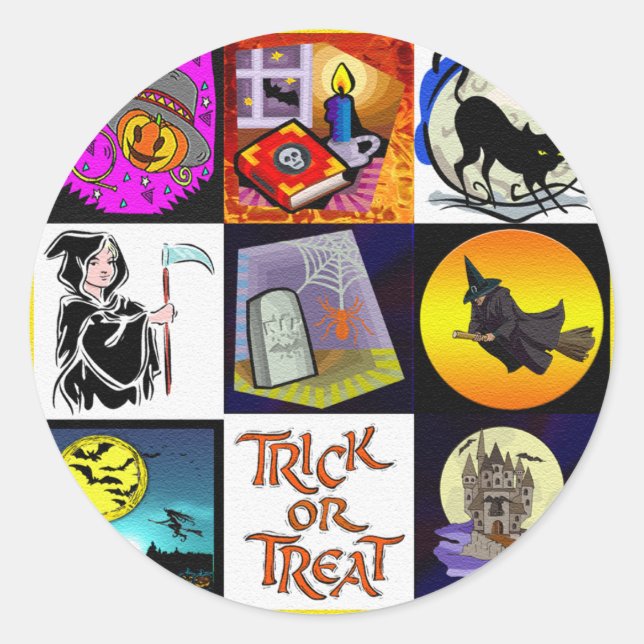 Halloween Cartoon Montage Classic Round Sticker (Front)