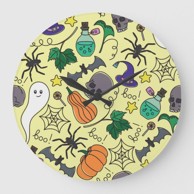 Halloween Cartoon: Vibrant Vintage Pattern Large Clock (Front)