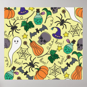 Halloween Cartoon: Vibrant Vintage Pattern Poster