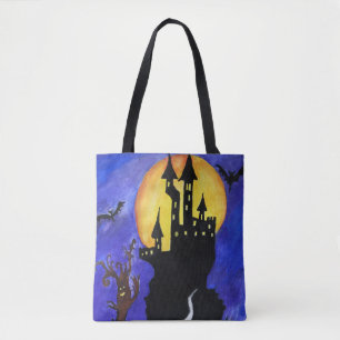 Halloween Castle Bats Tree Drawing Tote Bag