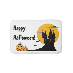 Halloween - Castle, Full Moon, Bats, and Pumpkins Bath Mat