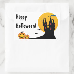 Halloween - Castle, Full Moon, Bats, and Pumpkins Rectangular Sticker