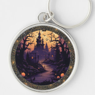 Halloween Castle with Bats, Pumpkins and Spiderweb Key Ring