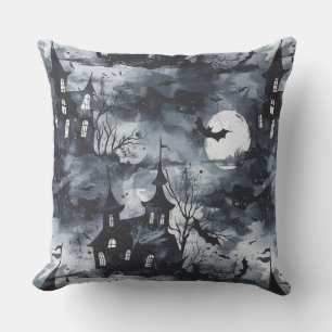 Halloween Castle with moon and bats Cushion
