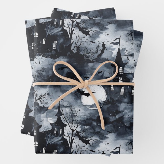 Halloween Castle with moon and bats Gothic  Wrapping Paper Sheet (In situ)