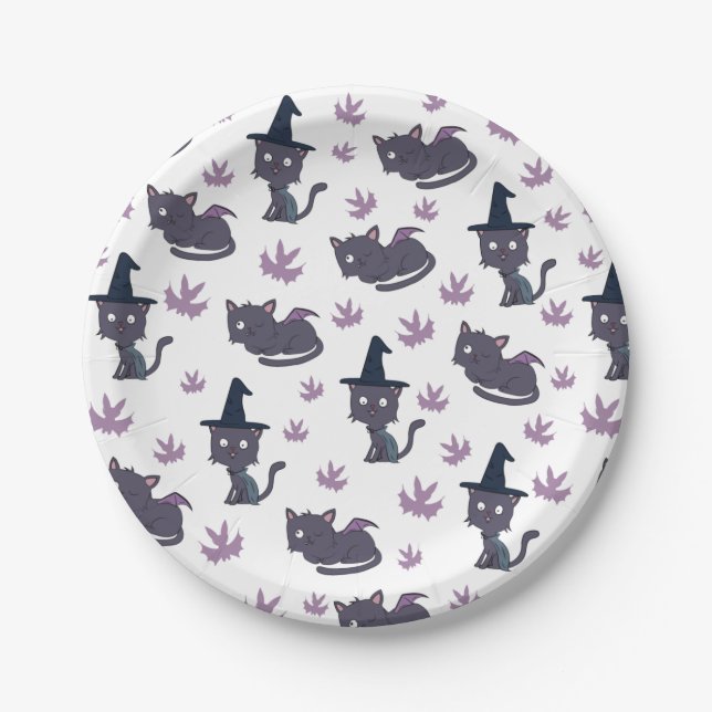Halloween Cat and Bat Pattern Paper Plate (Front)