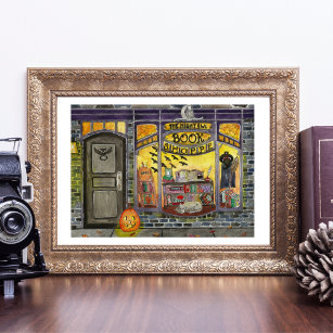 Halloween Cat and Book Shop Watercolor Poster