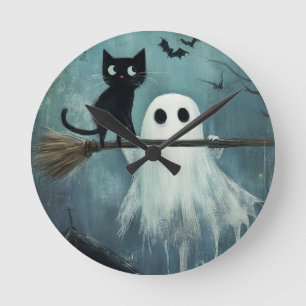 Halloween Cat and Ghost Flying on Broom Round Clock