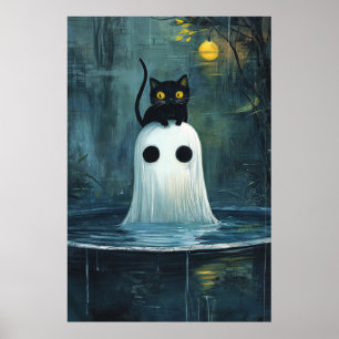 Halloween Cat and Ghost in Pool Poster