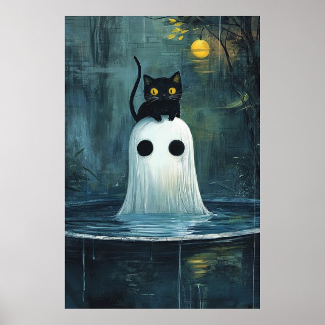 Halloween Cat and Ghost in Pool Poster (Front)