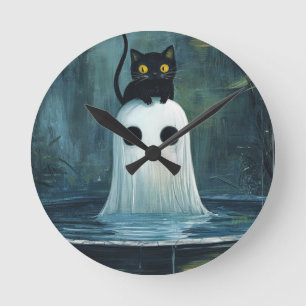 Halloween Cat and Ghost in Pool Round Clock