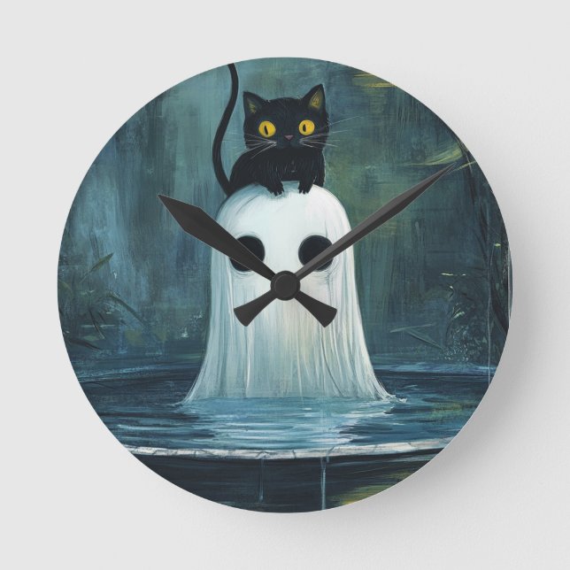 Halloween Cat and Ghost in Pool Round Clock (Front)