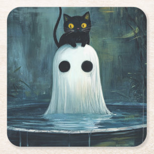 Halloween Cat and Ghost in Pool Square Paper Coaster