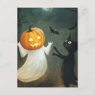 Halloween Cat and Ghost Postcard