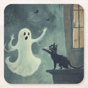 Halloween Cat and Ghost Square Paper Coaster
