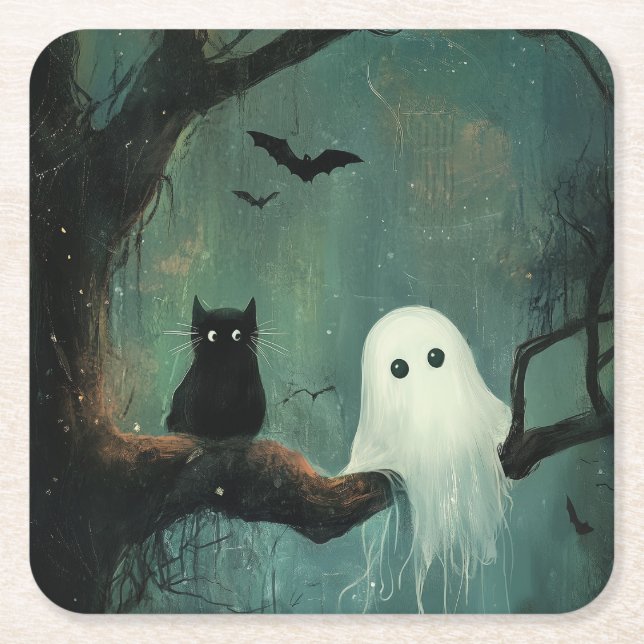 Halloween Cat and Ghost Square Paper Coaster (Front)