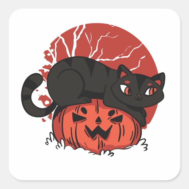 Halloween Cat and Jack o Lantern Square Sticker (Front)