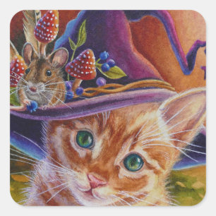 Halloween Cat and Mouse No. 1 Watercolor Art Square Sticker