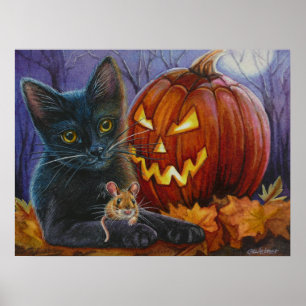 Halloween Cat and Mouse No. 2 Watercolor Art 18x24 Poster