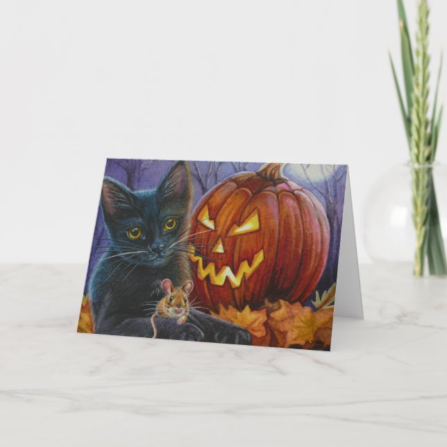 Halloween Cat and Mouse No. 2 Watercolor Art Card (Front)