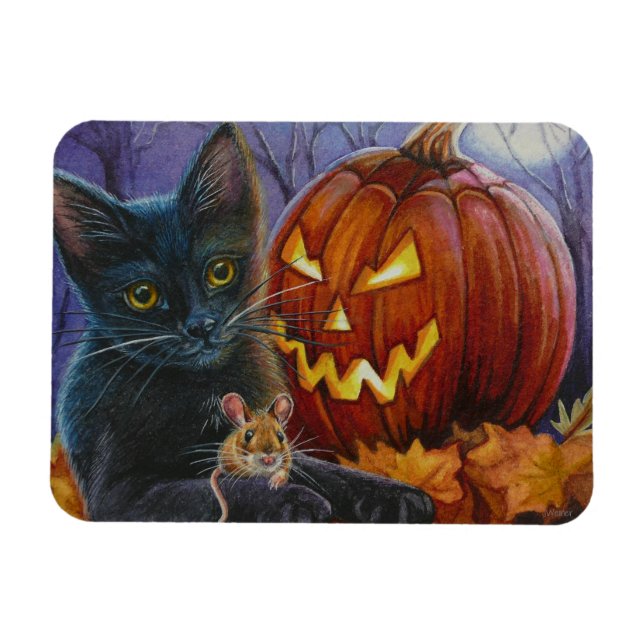 Halloween Cat and Mouse No. 2 Watercolor Art Magnet (Horizontal)