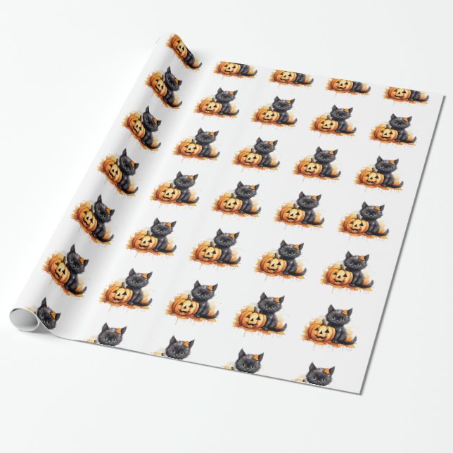 Halloween Cat and Pumpkin Wrapping Paper (Unrolled)