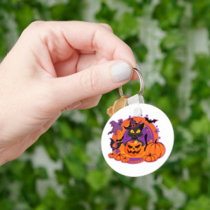 Halloween Cat And Pumpkins Key Ring