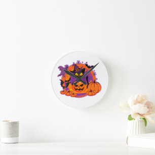 Halloween Cat And Pumpkins Round Clock