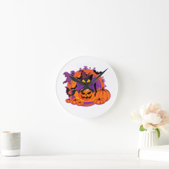 Halloween Cat And Pumpkins Round Clock (Home)