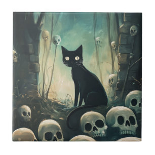 Halloween Cat and Skulls Ceramic Tile