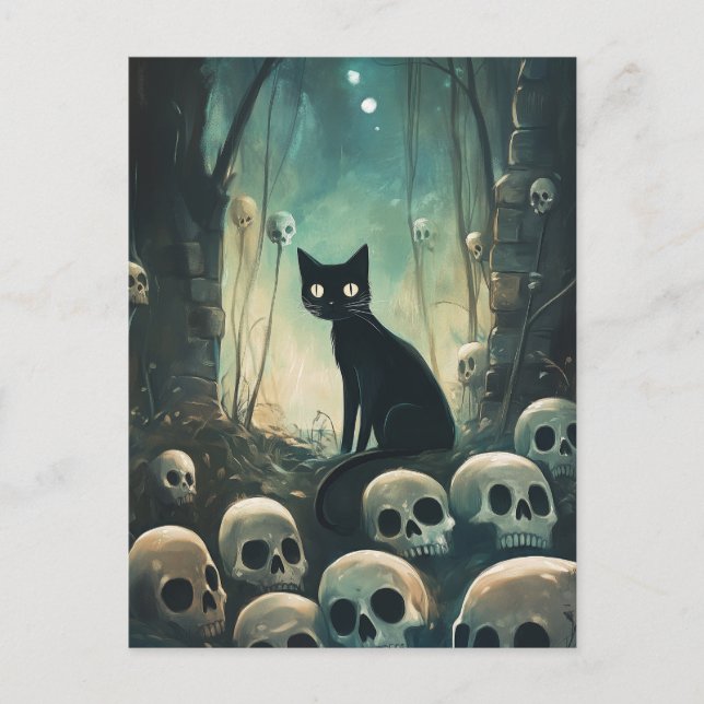 Halloween Cat and Skulls Postcard (Front)