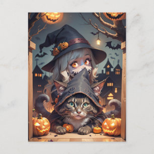 Halloween cat and trick or treat child holiday postcard