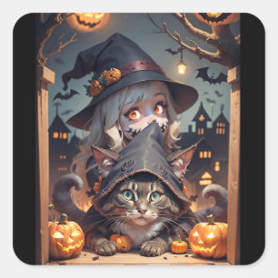 Halloween cat and trick or treat child square sticker