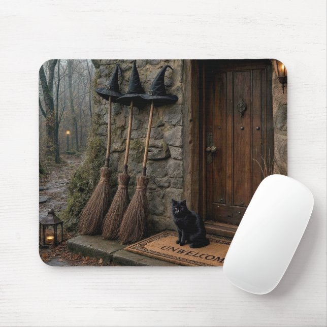 Halloween Cat and Witch Brooms Mouse Pad (With Mouse)