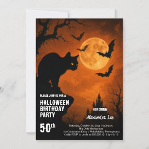 Halloween Cat Bats 50th Birthday Party Invitation