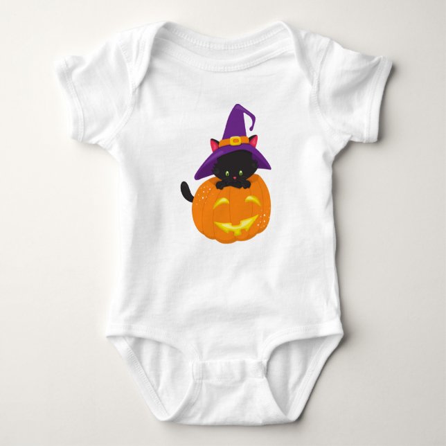 Halloween Cat, Black Cat, Witch Hat, Pumpkin Baby Bodysuit (Front)