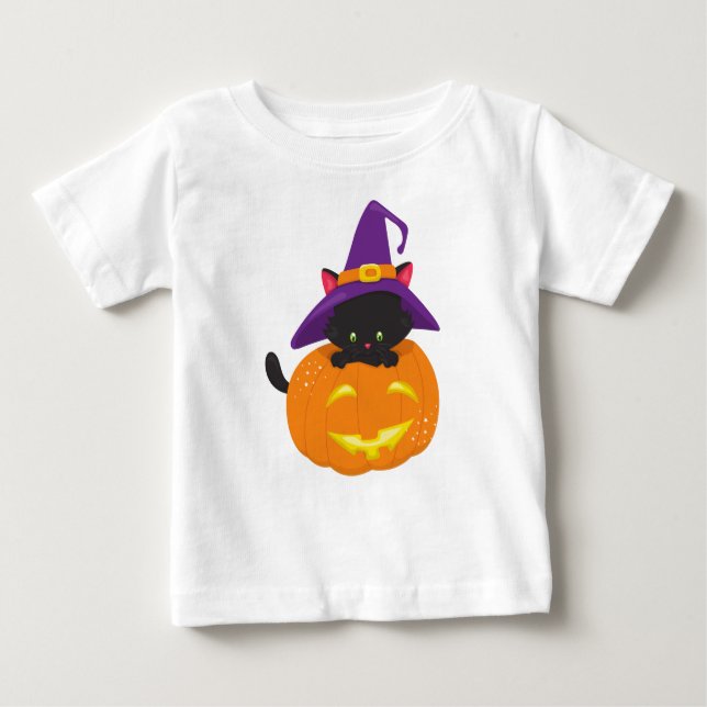 Halloween Cat, Black Cat, Witch Hat, Pumpkin Baby T-Shirt (Front)