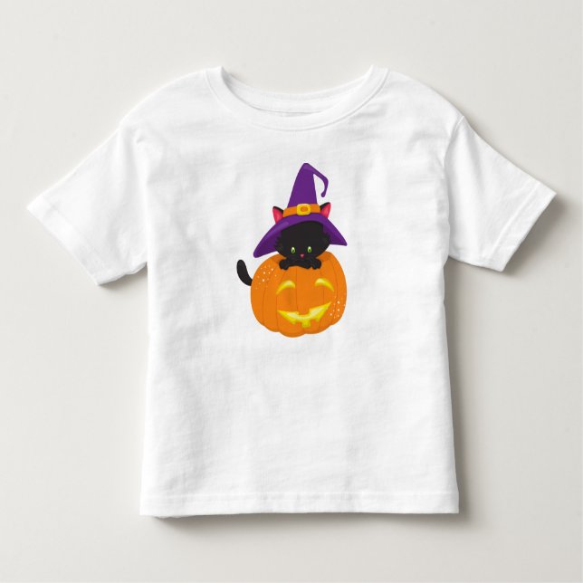 Halloween Cat, Black Cat, Witch Hat, Pumpkin Toddler T-Shirt (Front)