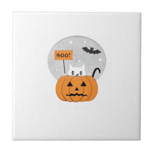 Halloween Cat Boo Illustration Classic T-Shirt Ceramic Tile