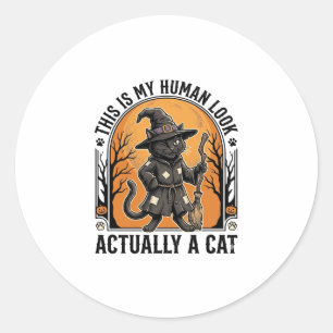 Halloween Cat Costume Funny Vintage Witch Cat Shir Classic Round Sticker