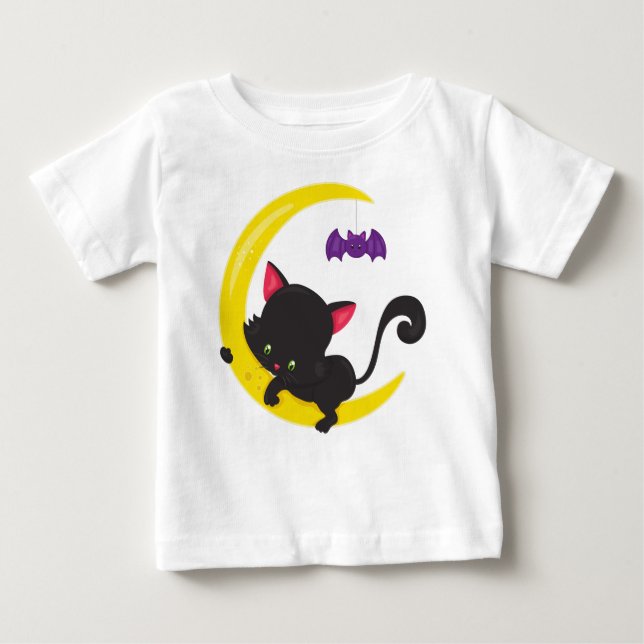 Halloween Cat, Cute Cat, Black Cat, Moon, Bat Baby T-Shirt (Front)